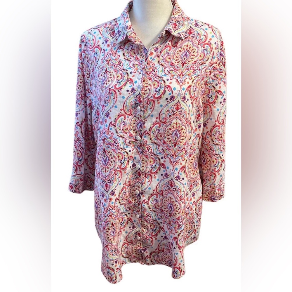 Chico's Womens Linen Tunic Shirt Button Up Vibrant X Large Travel Summer Office